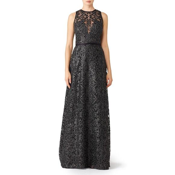 Theia Black Lace Evening Gown – Size 12 – Sleeveless Metallic Formal Dress - Picture 1 of 15